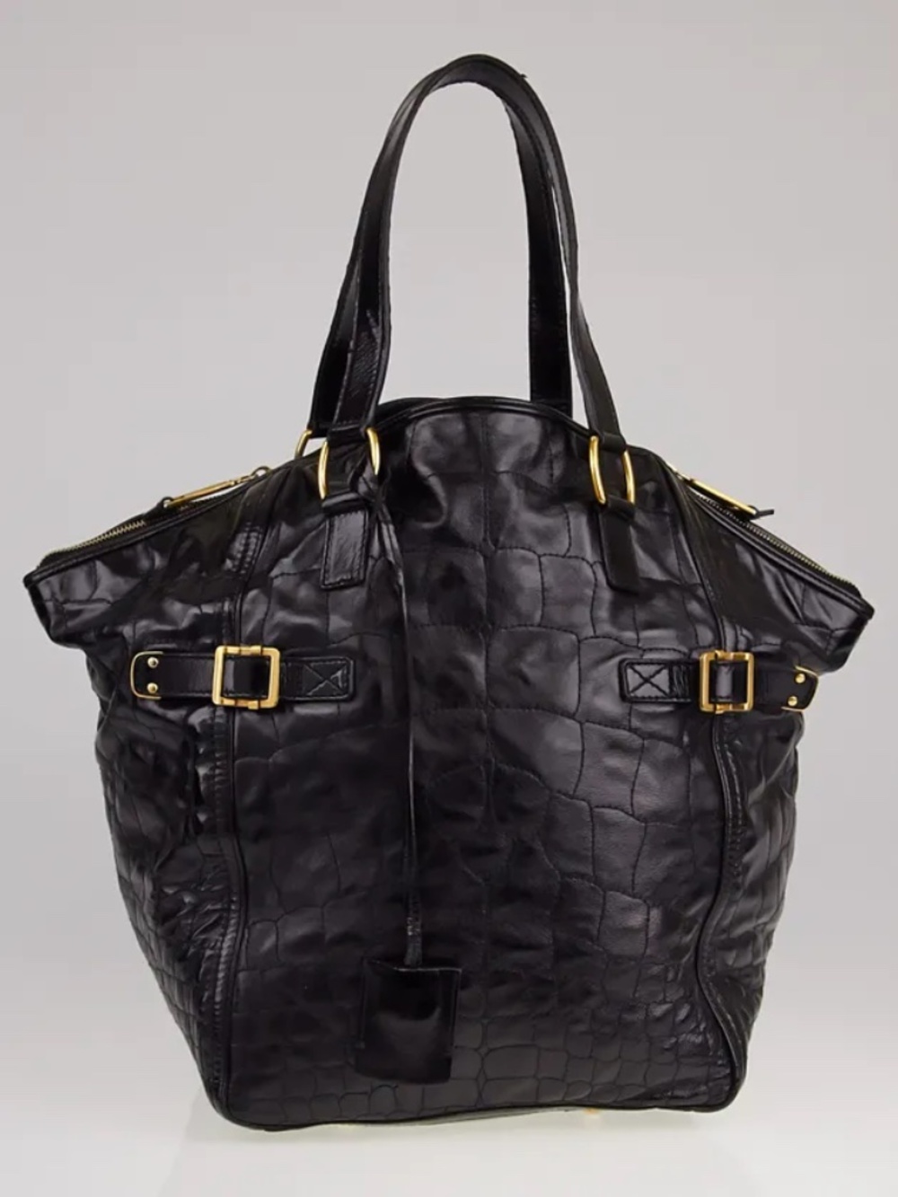 YSL Yves Saint Laurent Downtown Black Quilted Croc Embossed Patent Leather Tote